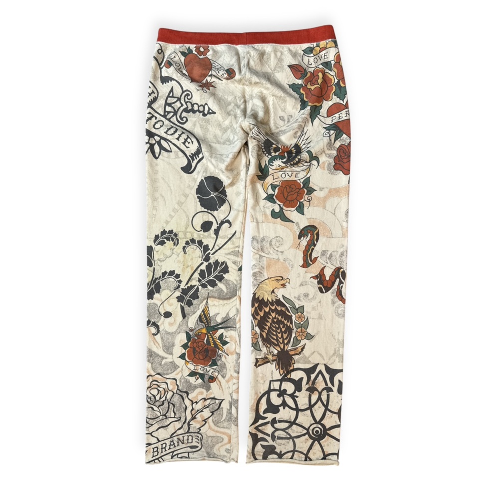 VINTAGE LUCKY BRAND TATTOO PRINT ED HARDY Y2K WIDE LEG SWEATPANTS **RARE** - Picture 7 of 12
